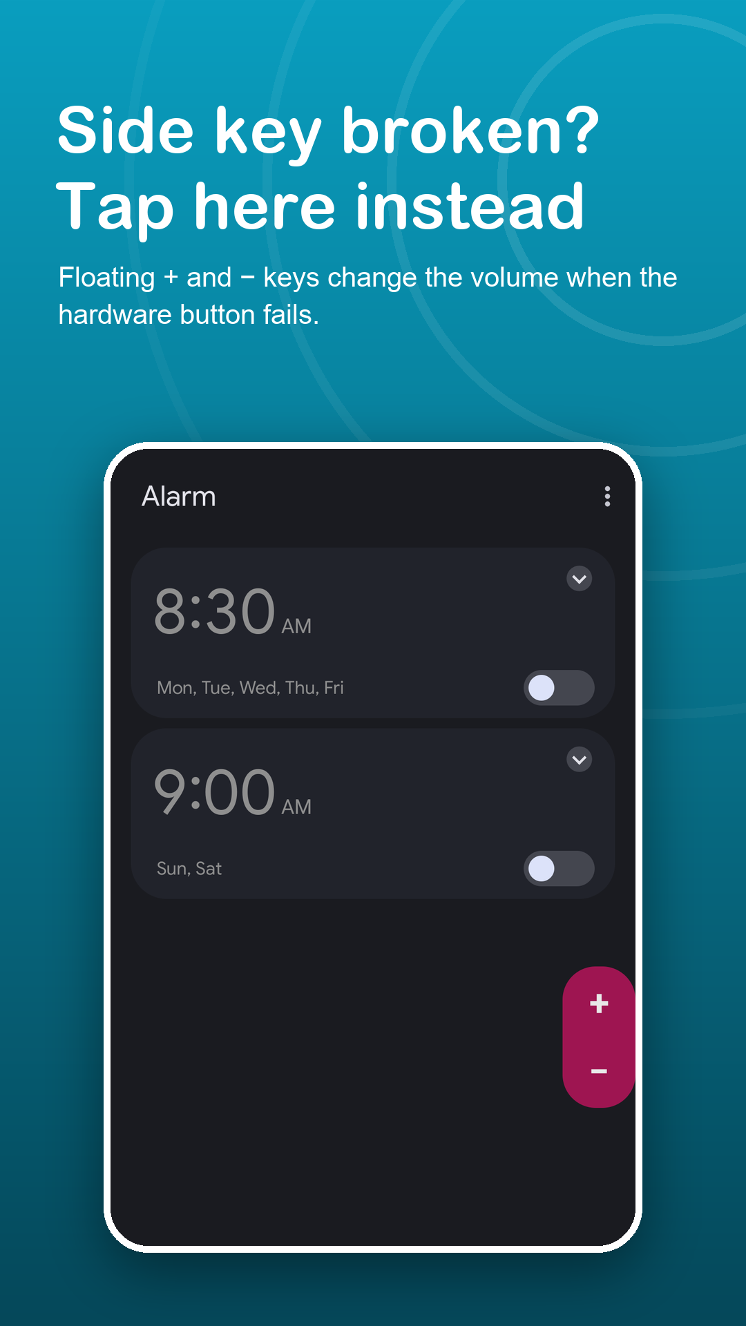 Floating + and − keys at the edge of the screen over a clock app