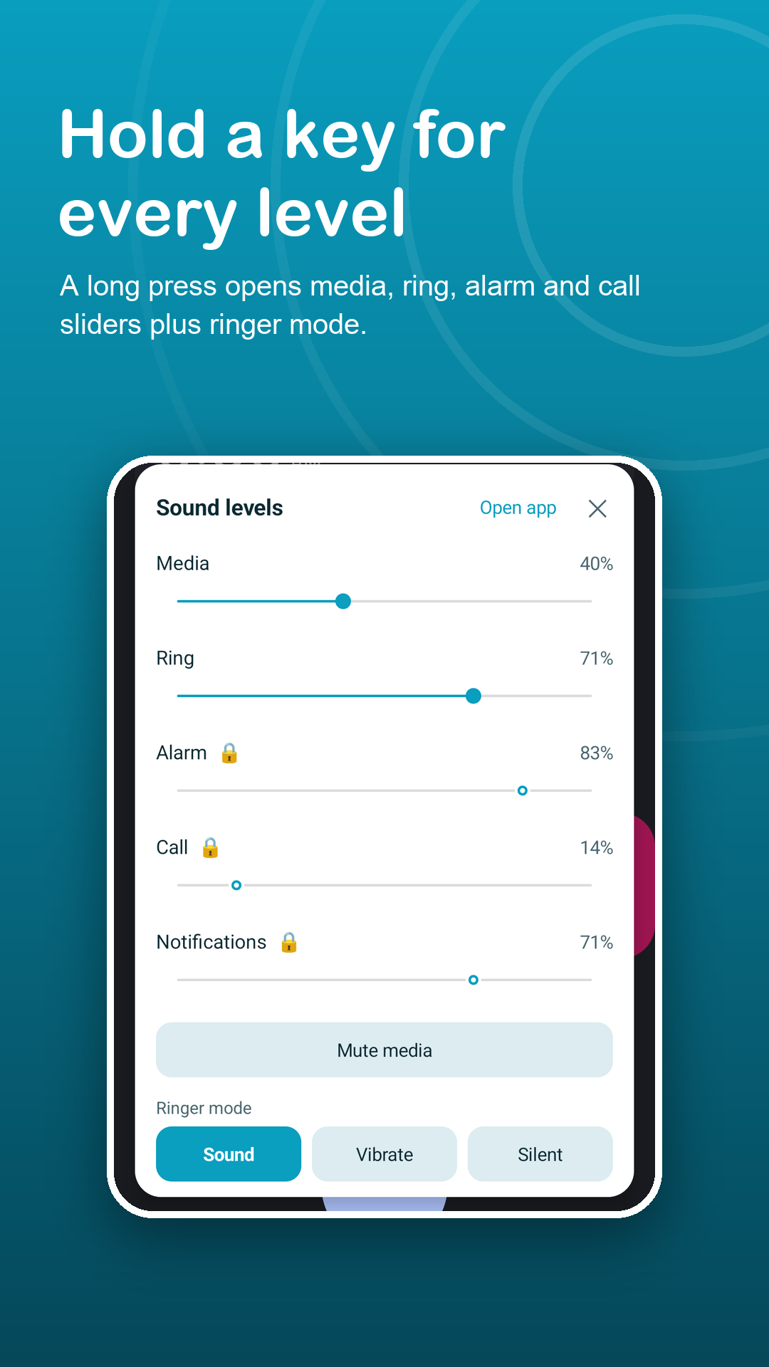 Sound panel with media, ring, alarm and call sliders and ringer mode