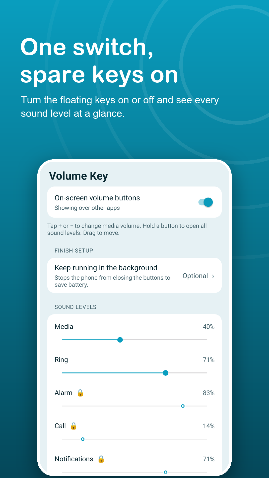 Volume Key main screen with the floating keys turned on